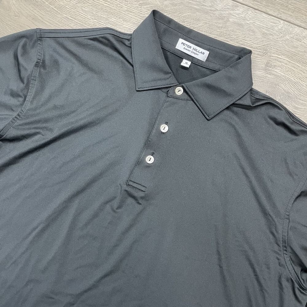 Peter Millar Summer Comfort Solid Black Polo Shirt Men Sz M Company Logo Prep